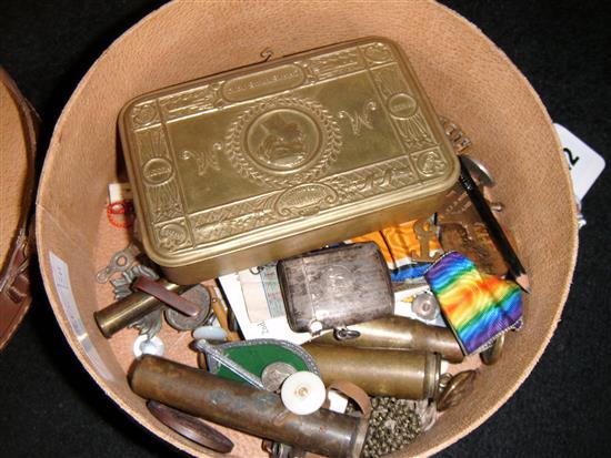 WWI medals and Trench Art and silver vesta in leather case